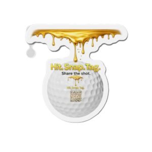 Golf Ball Die-Cut Magnet — "Hit. Snap. Tag." Gold Drip Design